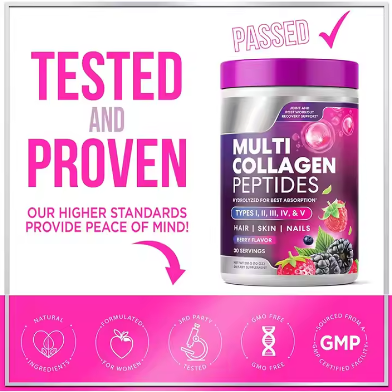 Hydrolyzed Multi Collagen Peptide Powder (Types I-II-III-IV-V) - Berry Flavor for Skin, Hair & Nail Health