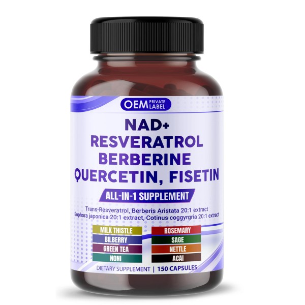 OEM Premium NAD+ Supplement with Trans Resveratrol, Berberine, Quercetin, Fisetin, and Milk Thistle for Enhanced Cellular Health