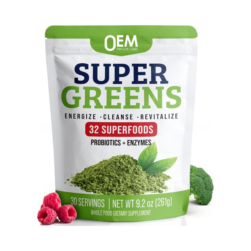 OEM Super Greens Probiotics Enzymes Powder Detox Greens Vitamins with Chlorella and Ashwagandha for Digestion