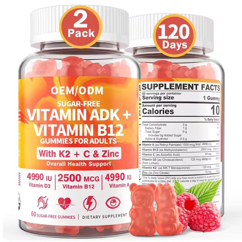 Halal Sugar-Free Vitamin ADK+B12 Gummies 60Pcs - 5000IU D3 & 2500mcg B12 for Vision & Bone