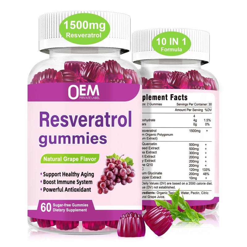 98% Trans Resveratrol Gummies with Quercetin CoQ10 and Vitamin C for Antioxidant Support and Joint Health OEM Supplement