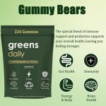 Organic Spirulina Greens Gummies - Vegan Digestive Aid & Immune Booster with Prebiotics, 224 Bear Chewables for Adults,