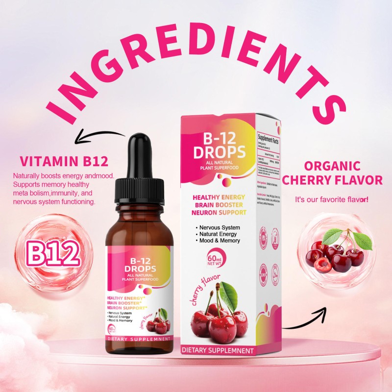 OEM Organic Cherry Flavor Vitamin B12 Drops - High Content, Supports Brain Health & Blood Recovery