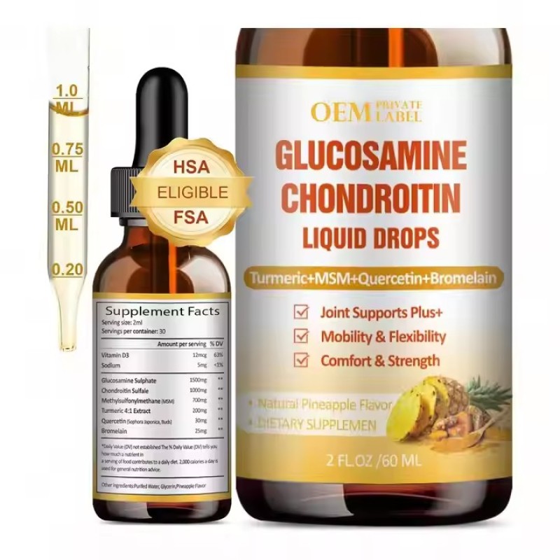 Glucosamine Chondroitin Supplement Vegetarian Joint Health MSM Liquid Drops Oil Turmeric Quercetin Pineapple Enzyme