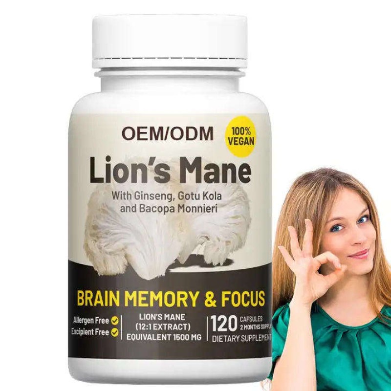 OEM Private Label Brain Memory & Focus Supplement Lion's Mane with Ginkgo Biloba and Bacopa Monnieri Capsules