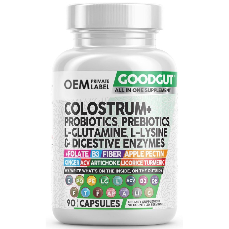 All-in-One Gut Support Capsules - Colostrum, Probiotics, L-Glutamine & Fiber for Digestive Wellness