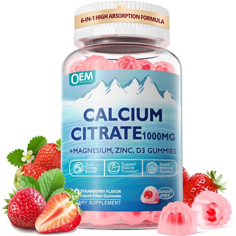 OEM Vegan Calcium Citrate Gummies  with Magnesium, Vitamin D3, Zinc, B6 & Potassium for Bone & Muscle Health