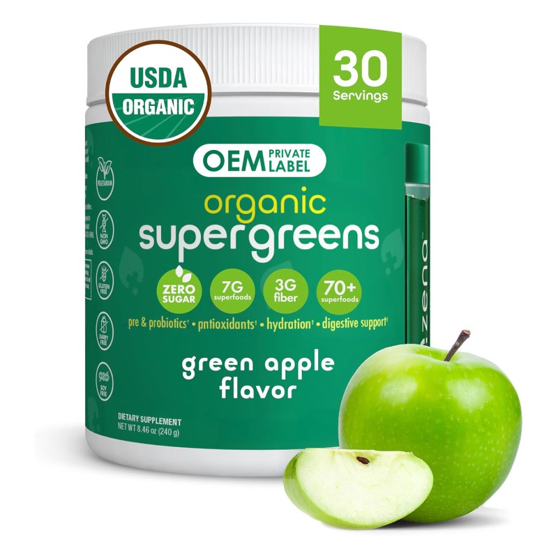 OEM Organic Super Greens Powder with Probiotics, Enzymes, Vitamins for Detox and Digestion
