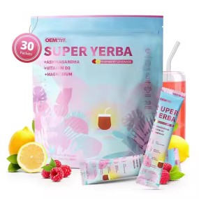 Yerba Raspberry Lemonade Powder Ashwagandha Mushroom Magnesium Vitamin D3 Yerba Extract Supplement Fiber Gut Support
