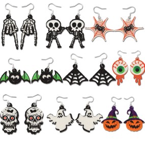 Halloween Earrings Factory - Halloween Printed Spider Web Skull Ghost Drop Earrings