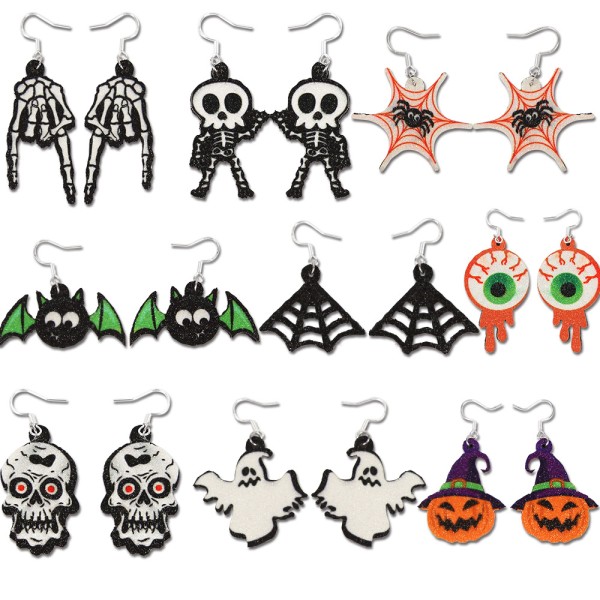 Halloween Earrings Factory - Halloween Printed Spider Web Skull Ghost Drop Earrings