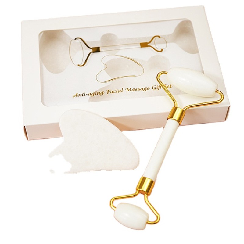 Facial Roller Factory - Wholesale Price White Gua Sha Jade Roller Gua Sha Set for Face Massage