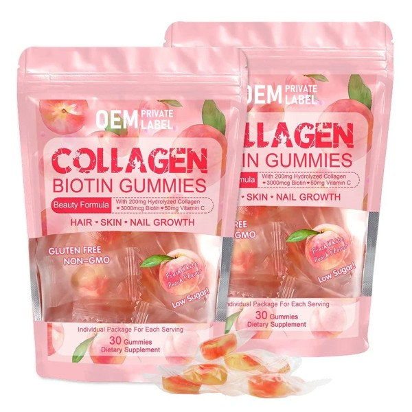 Collagen Biotin Gummies Supplier - OEM Peach Flavor Low Sugar Hair Skin