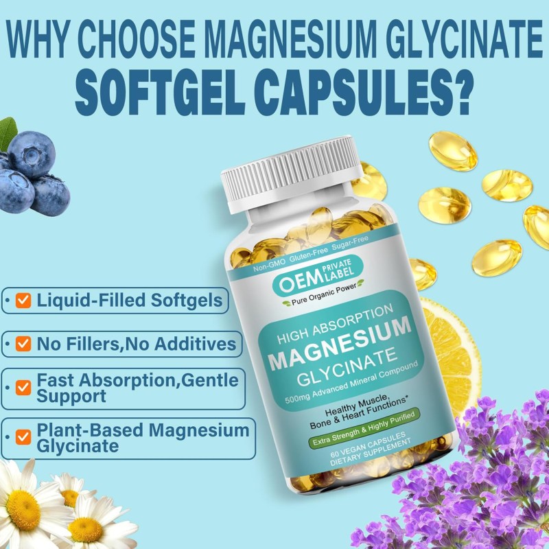 Magnesium Glycinate Softgels Manufacturer - OEM 500mg Muscle Heart Sleep Bone