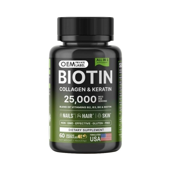 Biotin Capsules Factory - OEM 25000mcg Collagen Keratin B Complex
