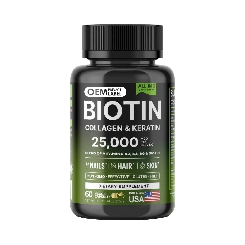 Biotin Capsules Factory - OEM 25000mcg Collagen Keratin B Complex