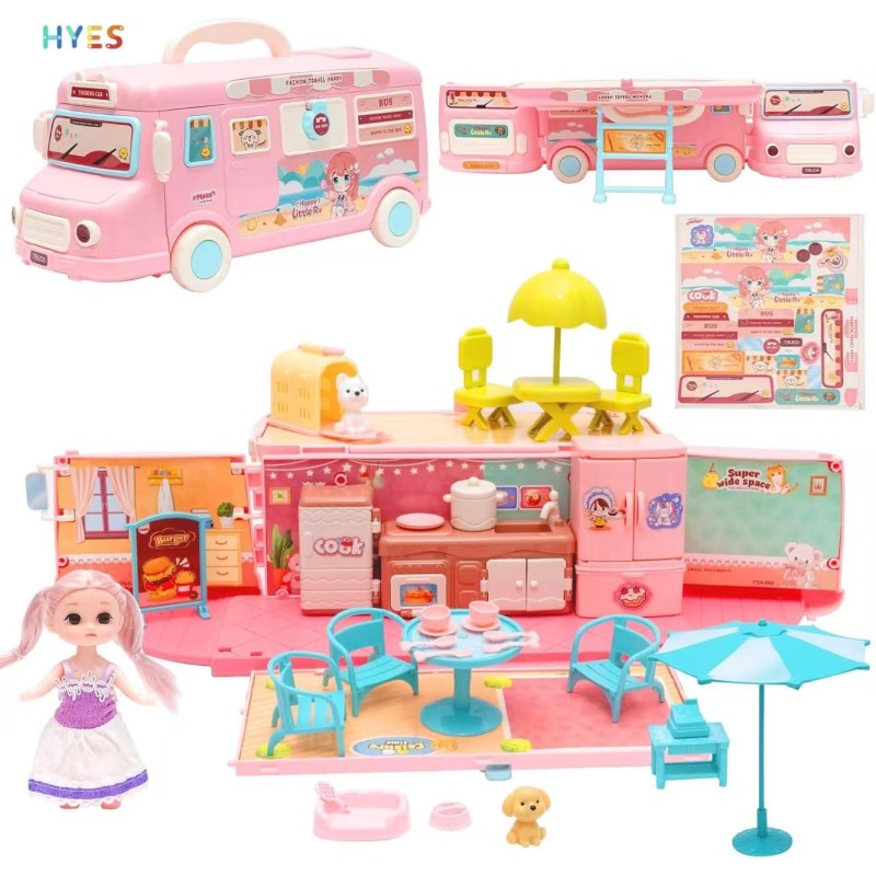 Doll House Play Set Factory - Indoor Touring Bus Pretend Cooking