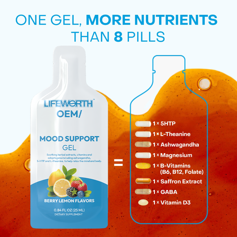 LIFEWORTH Herbal Formula Calm Mood Liquid Gel Supplement with Ashwagandha Magnesium 5-HTP GABA Saffron