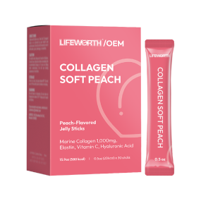 LIFEWORTH Soft Peach Flavor Low Molecular Marine Collagen Peptides Jelly Stick with Vitamins Hyaluronic Acid
