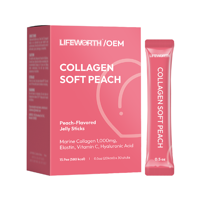 LIFEWORTH Soft Peach Flavor Low Molecular Marine Collagen Peptides Jelly Stick with Vitamins Hyaluronic Acid