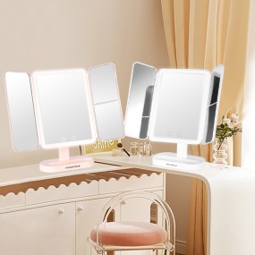 Makeup Mirror Factory - 2024 Top Seller Desktop Trifold Magnified LED Lighted