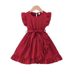 Girls Dress Supplier - 2025 Summer Fashion Solid Color Ruffle Belt A-line