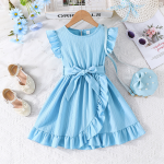 Girls Dress Supplier - 2025 Summer Fashion Solid Color Ruffle Belt A-line
