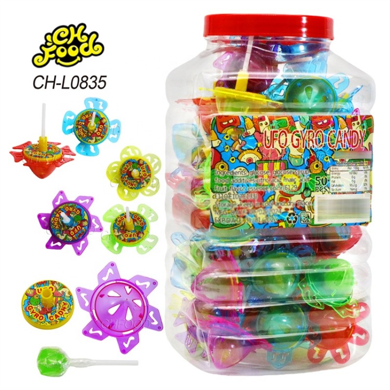 Wholesale Halal Plastic UFO Gyro Candy Toy Spinning Top Toy with Lollipop Candy Sweets for Kids