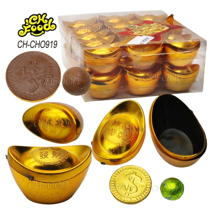Hot Selling Ancient Chinese Gold Ingot Shape Toy with Chocolate Gold Coins and Chocolate Ball