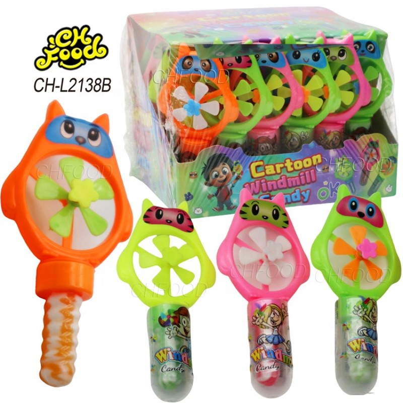 Wholesale Hot Selling Cartoon Cat Windmill Toy with Lollipop Hard Candy for Kids