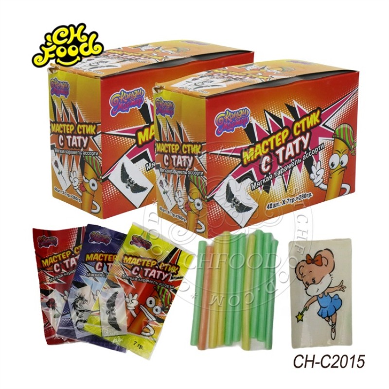Halal Fruit Flavor CC Stick Candy  Sour Powder Straw Candy with Cartoon Tattoo