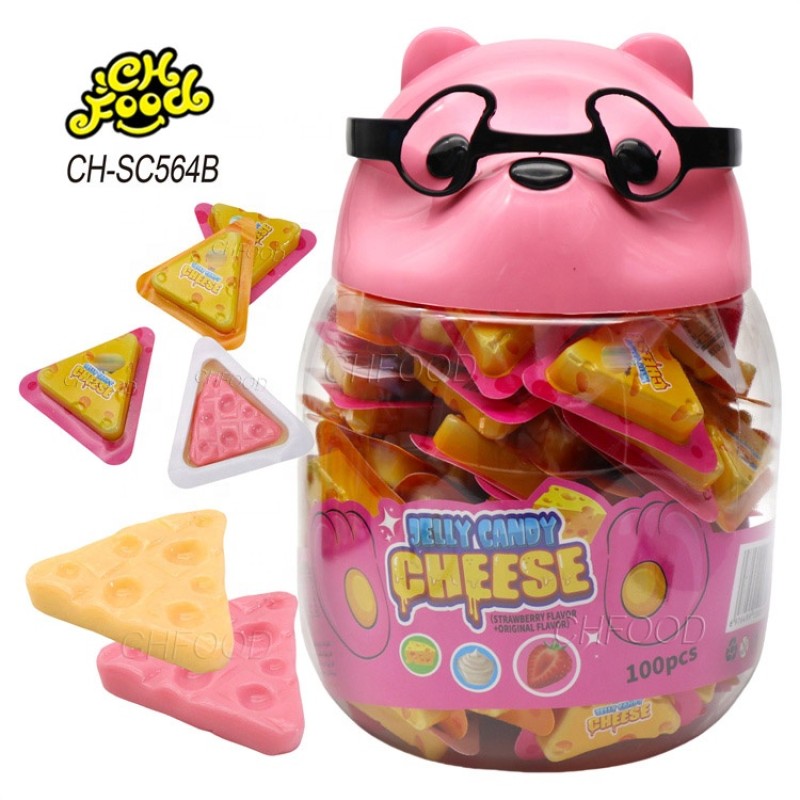 Low MOW Wholesale New Fruit Flavor 3d Cheese Shape Gummy Jelly Soft Candy in Glass Bear Bottle Sweets Snack