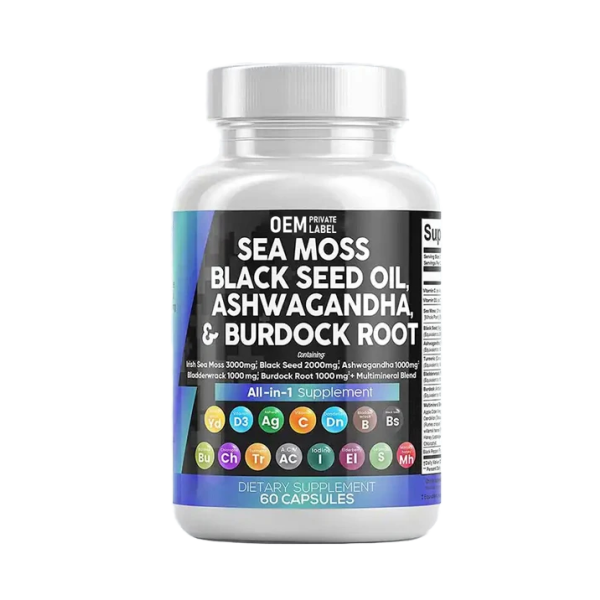 Private Label Supplement Manufacturer Sea Moss Black Seed Oil Ashwagandha Bladderwrack Burdock Ginger Herbal