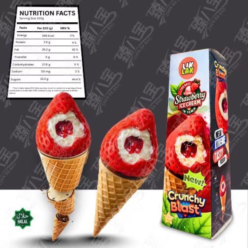 LIKLAK New Strawberry Fruit Ice Cream Mango Fruit Ice Cream Apple Honeydew Melon Fruit Ice Cream in Crispy Waffle Cone 115g