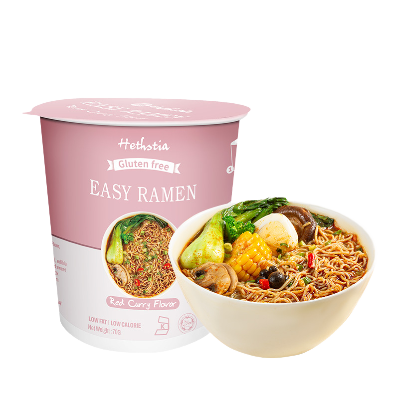 Vegan Halal Kosher Red Curry Flavor Instant Noodle Cup Microwaveable Rice Ramen Style Packaged in Box or Bag