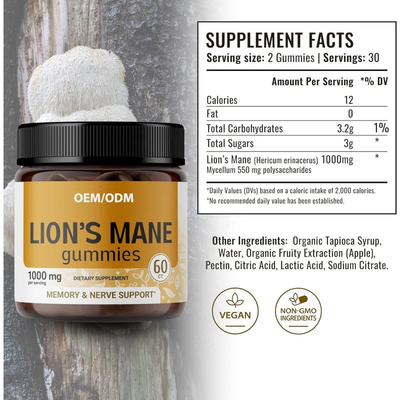 OEM Private Label Lions Mane Gummies Lions Mane Mushroom Supplement Gummy