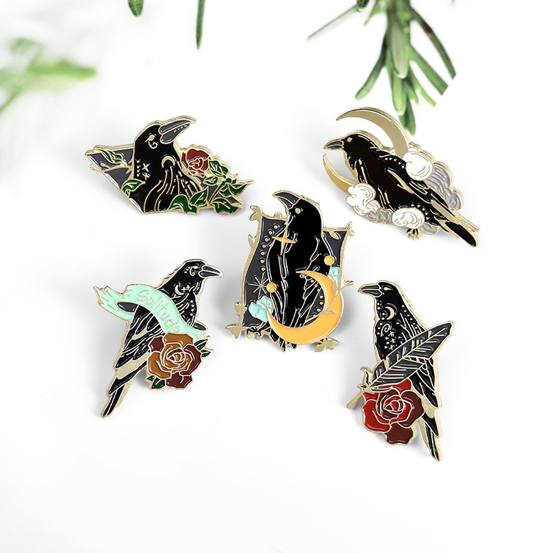 Goth Pin Factory - Crow Raven Moon Flowers Brooch