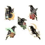 Goth Pin Factory - Crow Raven Moon Flowers Brooch