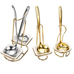 Spoon Set Supplier - Golden Hot Pot Soup Ladle and Colander with Stand