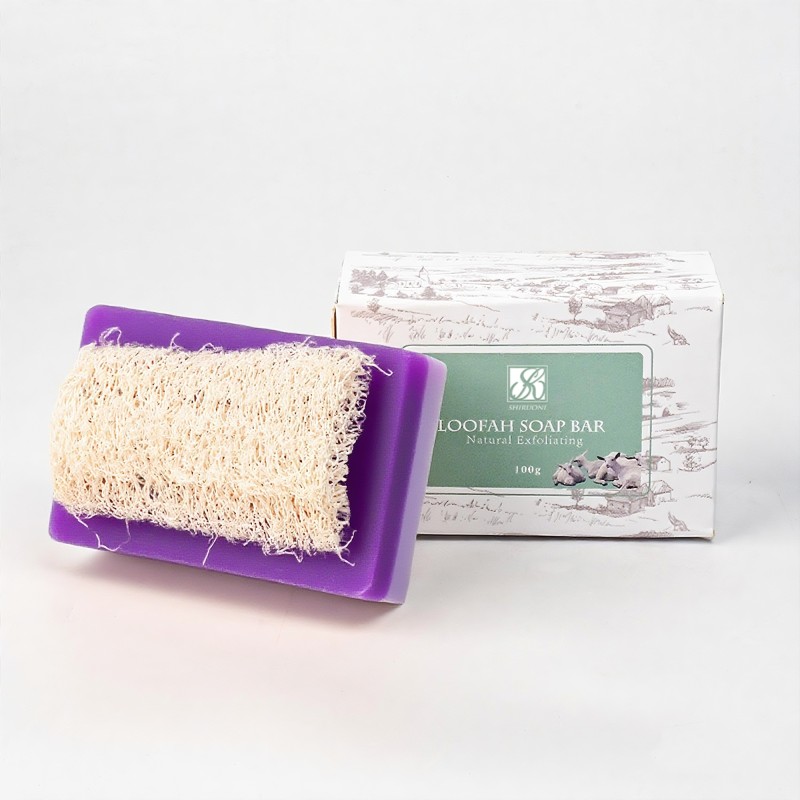 OEM Natural Vegan Loofah Soap Bar Olive Oil Lavender Oil Nourishes Antioxidant Gently Exfoliates Skin Care Loofah Bar Soap