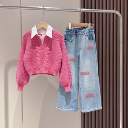Girls Knitted Set Factory - Embroidered Jeans Loose Sweater