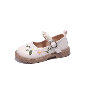 Girls Loafers Factory - Flowers Embroidery Beige Party
