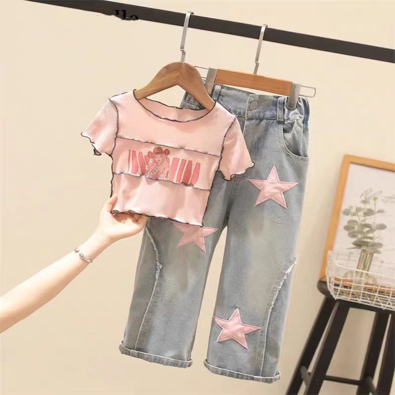 Girls Printed Set Factory - High Waisted Blouse Denim Pant