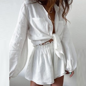 Women Blouse Set Factory - Ruffle Oversized Shirt Shorts