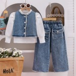 Girls Clothing Set Factory - Bubble Sleeve Denim Vest