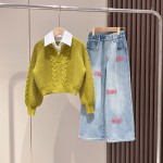 Girls Knitted Set Factory - Embroidered Jeans Loose Sweater