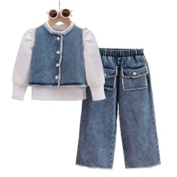 Girls Clothing Set Factory - Bubble Sleeve Denim Vest