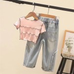 Girls Printed Set Factory - High Waisted Blouse Denim Pant
