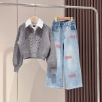 Girls Knitted Set Factory - Embroidered Jeans Loose Sweater