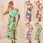 Women Dress Factory - Print Waist Cinched Slit